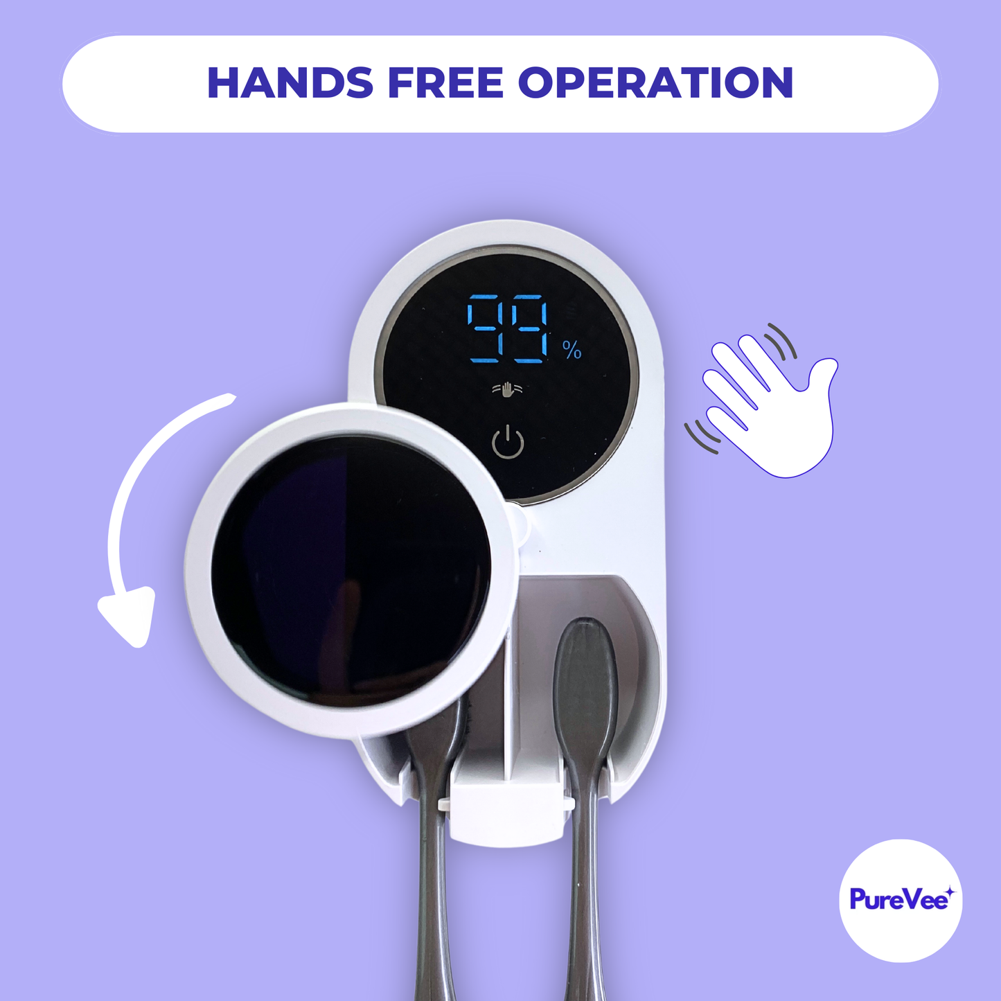 PureVee UV toothbrush sanitizer with smart sensor activation, hands-free operation triggered by a wave of the hand.