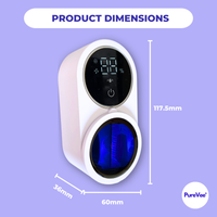 Product dimensions of PureVee UV toothbrush sanitizer, showcasing its compact and space-saving design.