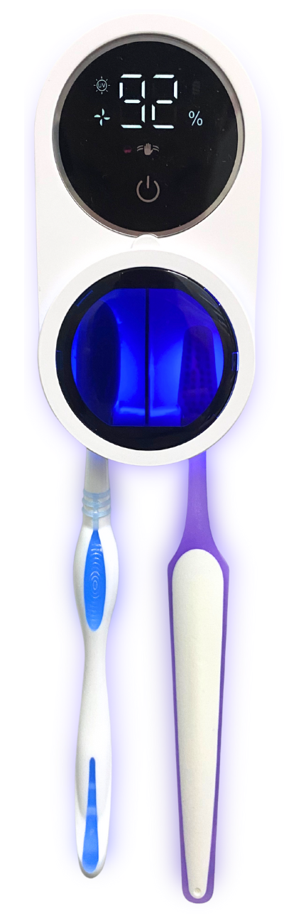 PureVee UV toothbrush sanitizer eliminating 99.9% of harmful germs, protecting your health.