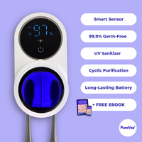 PureVee UV toothbrush sanitizer featuring smart sensor, 99.9% germ-free sterilization, UV technology, cyclic purification, long-lasting battery, and a free eBook with every purchase.