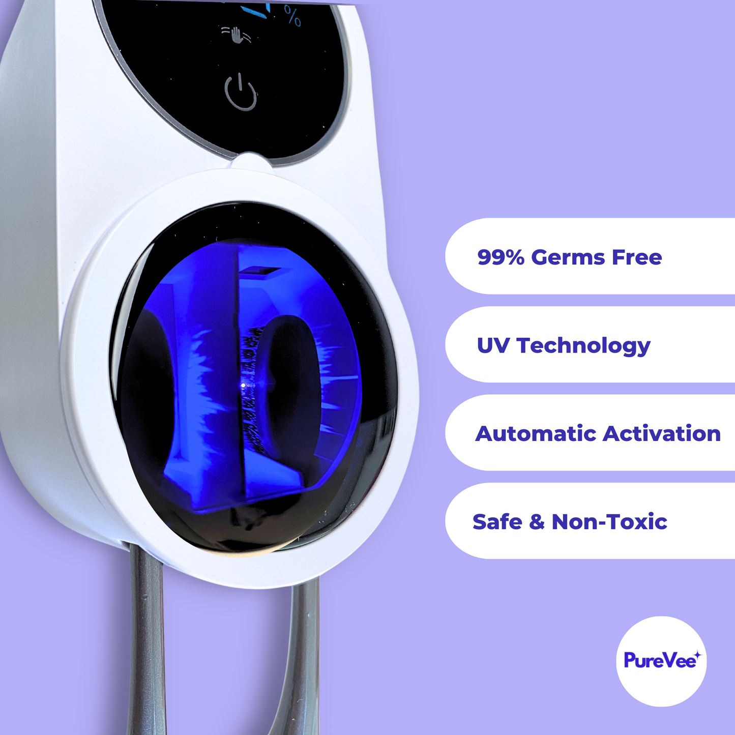 Close-up of PureVee UV toothbrush sanitizer in action, sterilizing two toothbrushes with 99% germ-free UV technology. Labels include automatic activation, safe & non-toxic.